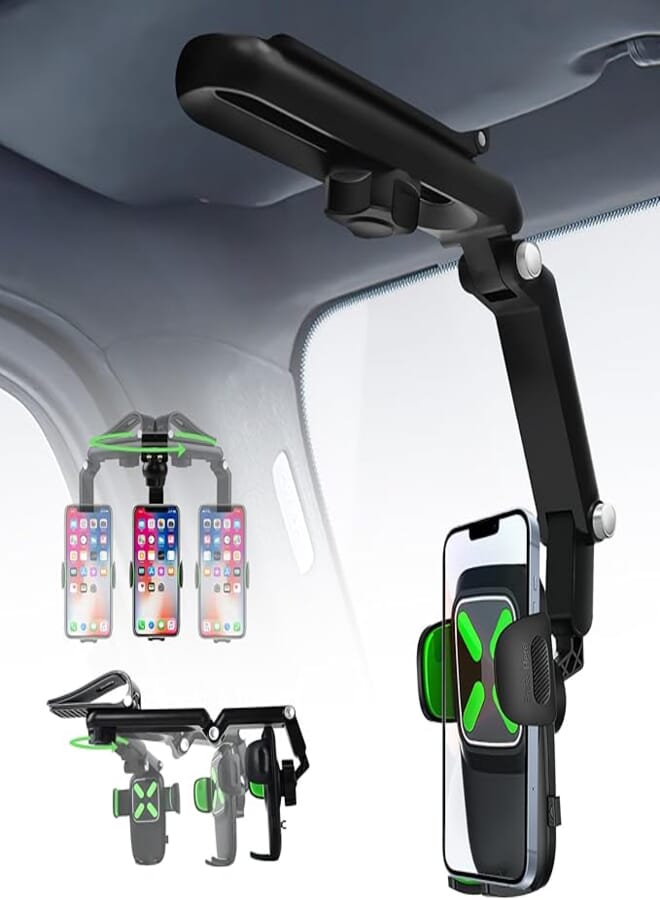 Rednow 1080°Rotatable and Retractable Car Phone Holder,Sun Visor Phone Holder for Car,Multifunctional Rear View Mirror Phone Holder,Foldable 360 Rotating Cell Phone Mount for All Mobile Phones (Green)